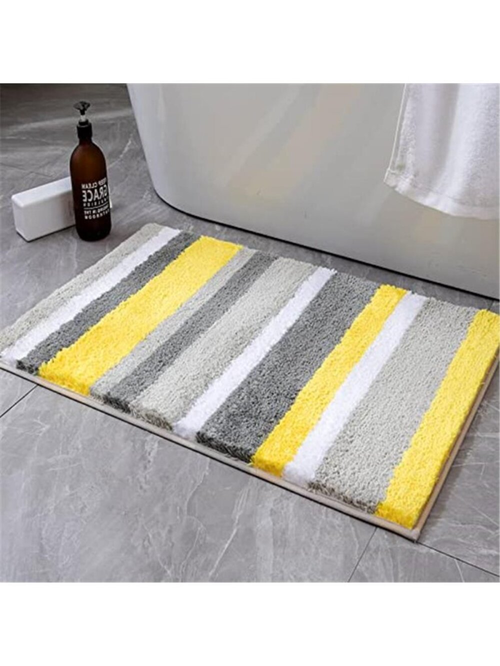 Yellow Grey Striped Bath Mat 16x24 Soft Plush Microfiber Non Slip Bathroom Rug